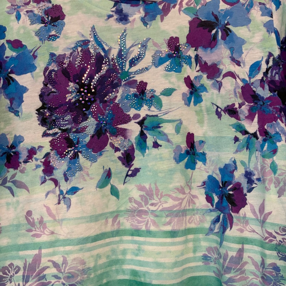 Christopher & Banks Womens Floral Stripe Rhinestone 3/4 Sleeve Top Purple Mint L - Picture 3 of 7